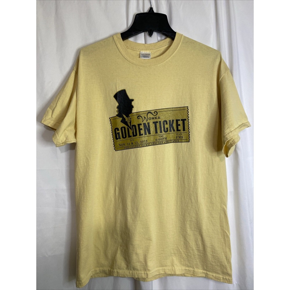 Gildan Willy Wonka Golden Ticket T-Shirt Mens Large Yellow Excellent Graphic Tee